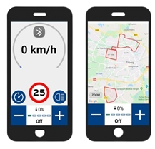 E-bike mobile app showing speedometer and GPS route tracking on a smartphone interface.