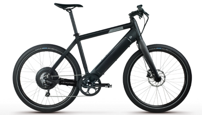 Stromer ST2 electric bike in black, side profile showcasing sleek design and advanced e-bike technology.