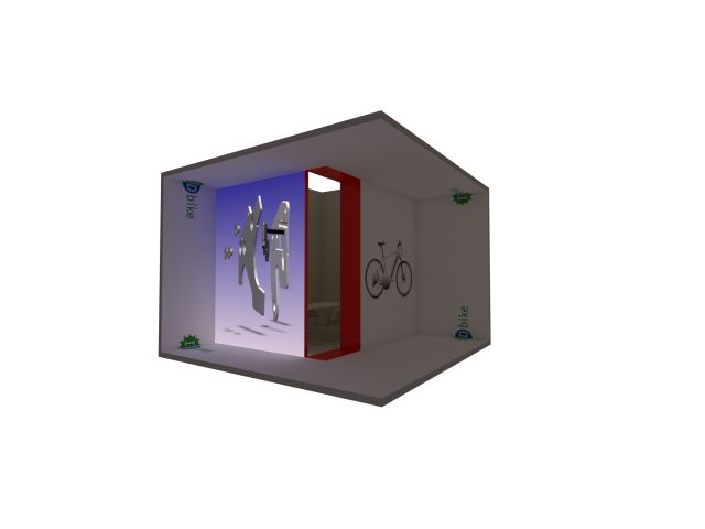 3D render of an IDbike exhibition booth with e-bike displays, branding, and illuminated graphic walls.