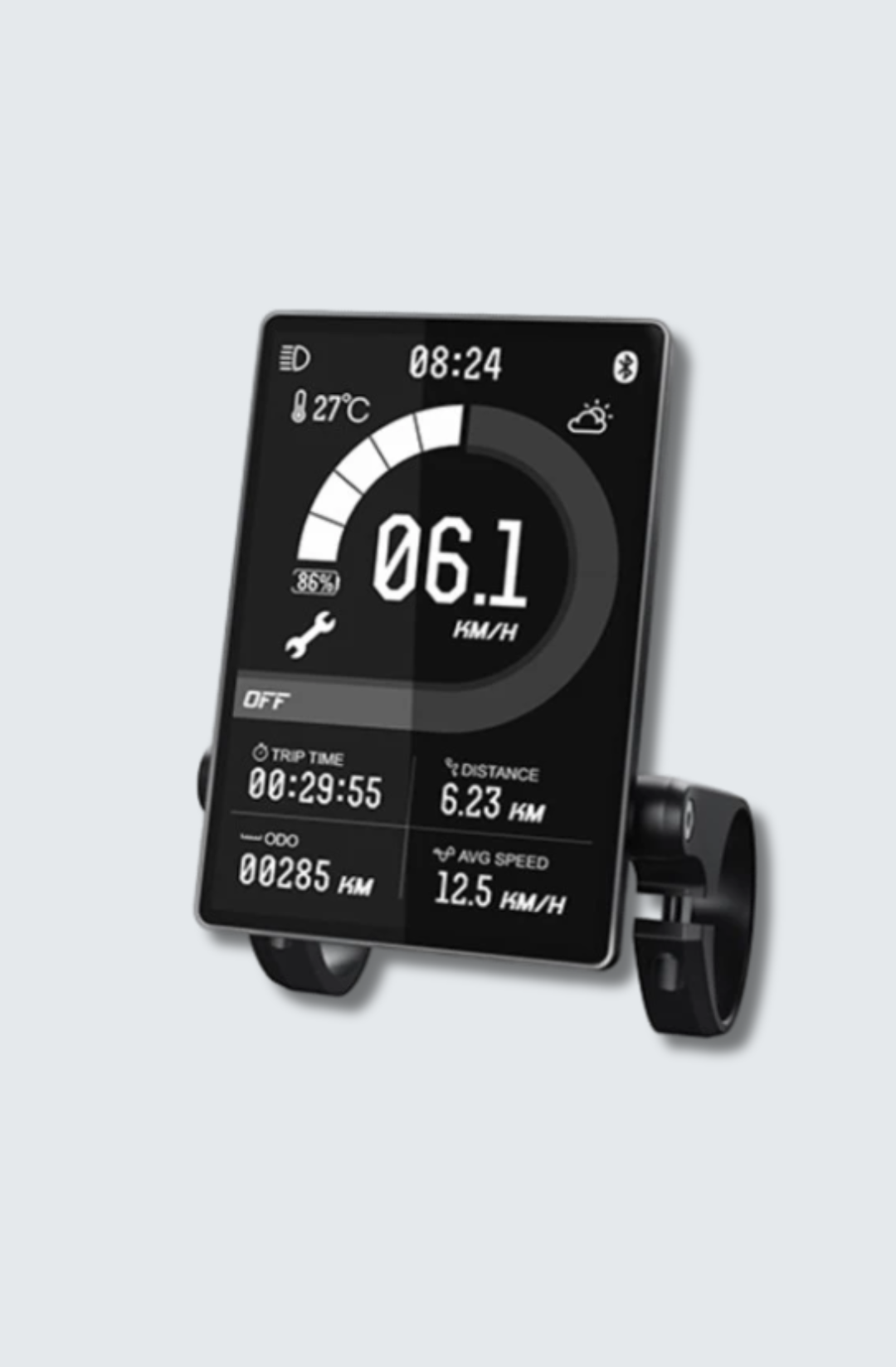 Close-up of an e-bike display showing speed, power output, gear, odometer, and trip data on a digital interface.